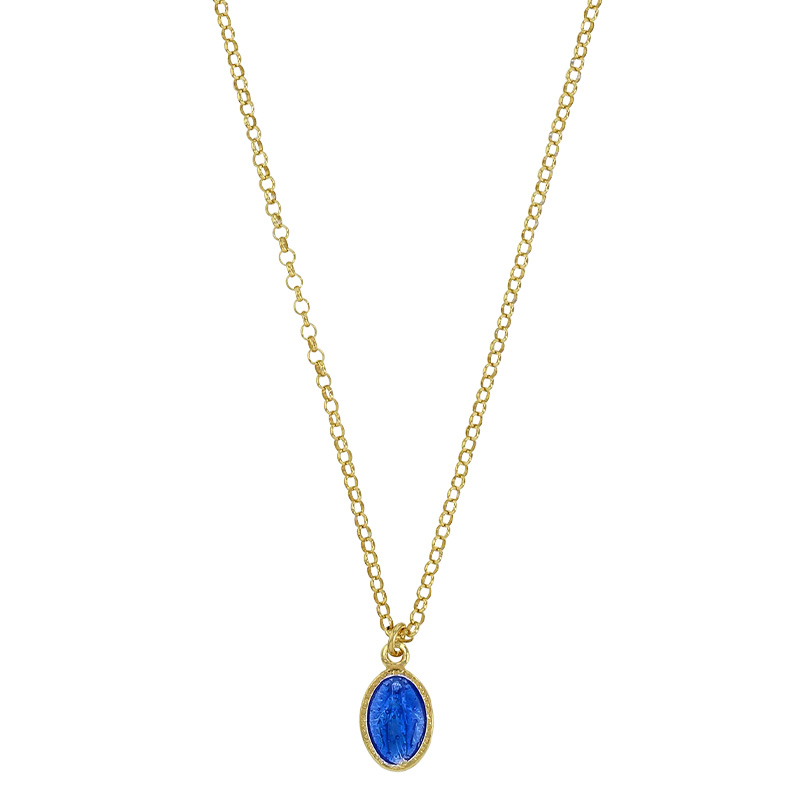 Collier médaille Vierge Marie en émail bleu, argent 925/1000 doré