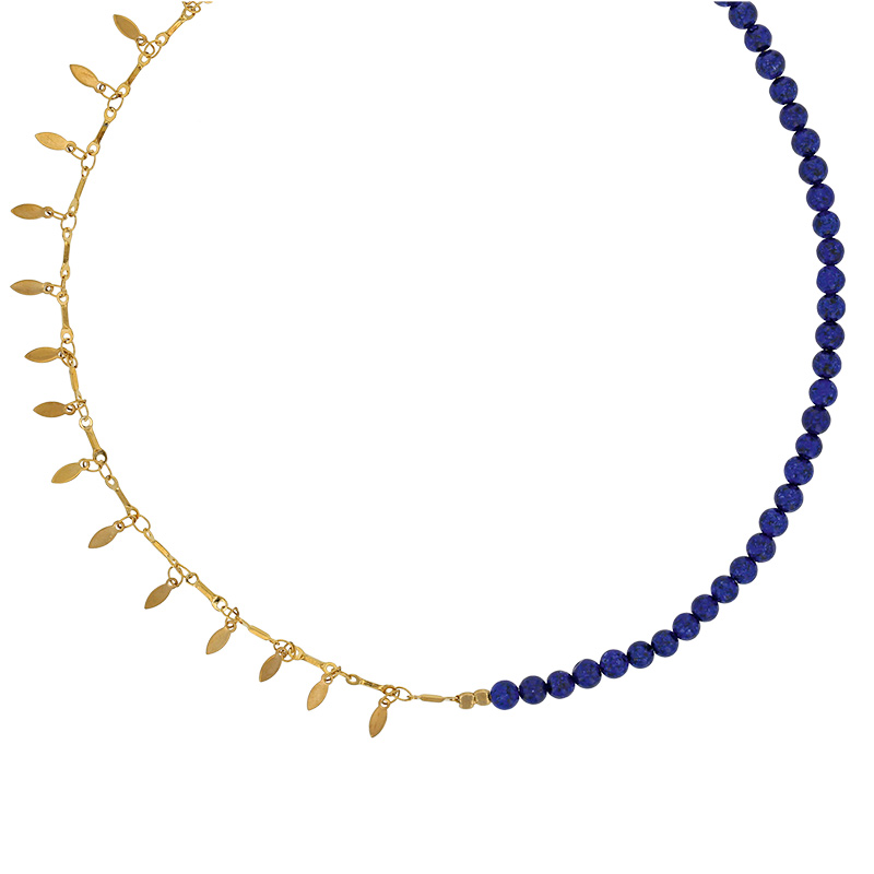 Collier moitié pampilles feuilles en acier doré et boules en sodalite