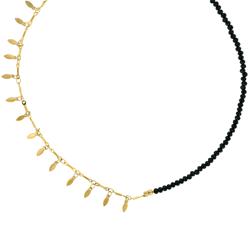 Collier moitié pampilles feuilles en acier doré et boules en sodalite