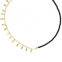 Collier moitié pampilles feuilles en acier doré et boules en sodalite