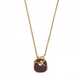 Collier motif carré arrondi ajouré en résine bordeaux, acier doré