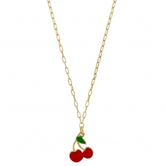 Collier motif cerise en émail rouge et vert, argent 925/1000 doré