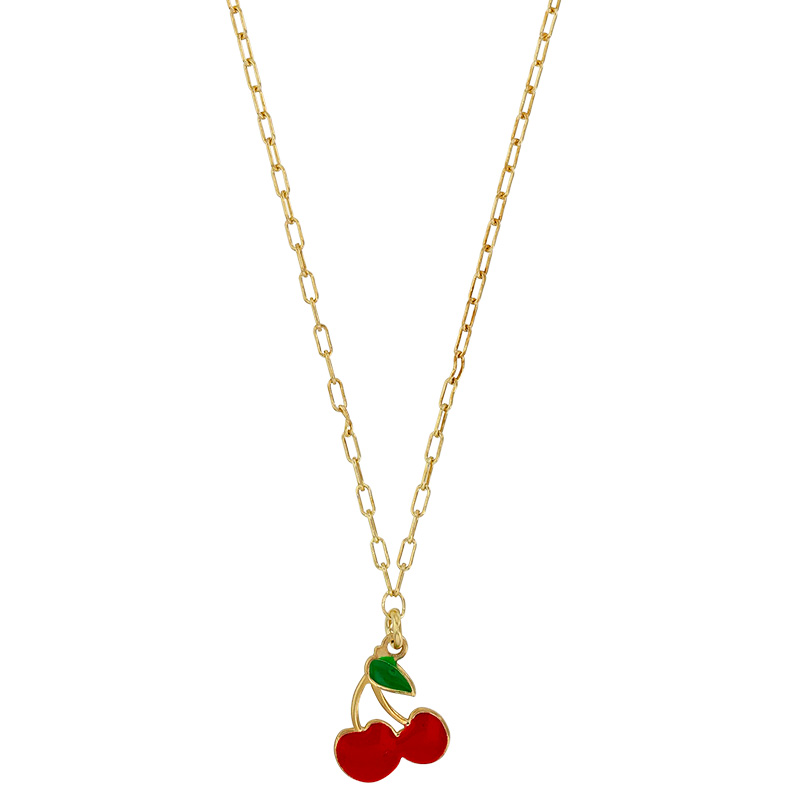 Collier motif cerise en émail rouge et vert, argent 925/1000 doré