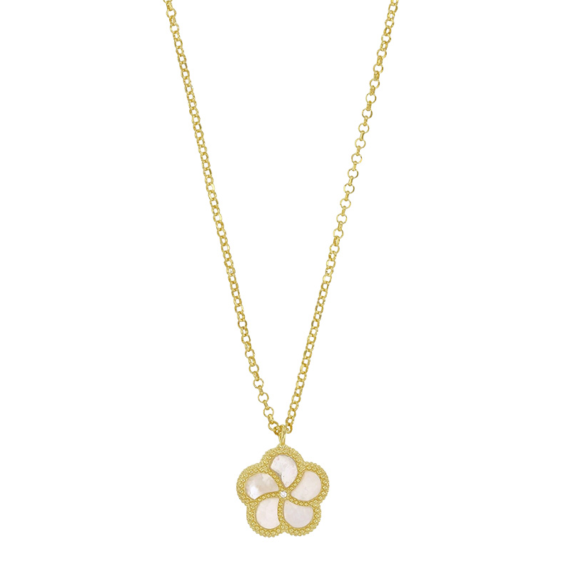 Collier motif fleur en nacre et cristal, argent 925/1000 doré