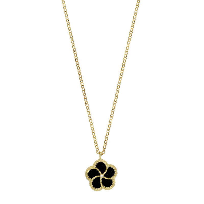 Collier motif fleur en nacre et cristal, argent 925/1000 doré