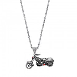 Collier motif moto et 2 oxydes rouges, maille pop-corn en acier