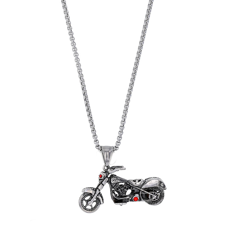 Collier motif moto et 2 oxydes rouges, maille pop-corn en acier