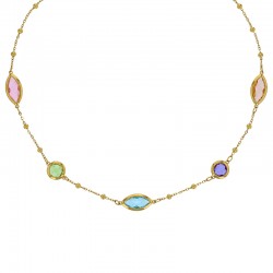 Collier motif rond et forme marquise en verre facetté multicolore, acier doré