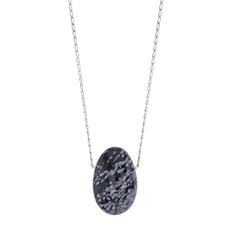 Collier Obsidienne flocon de neige, chaîne argent 925/1000 platiné