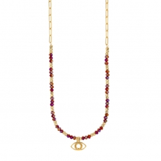 Collier oeil, perles de cristal facettées couleur grenat, argent 925/1000 doré