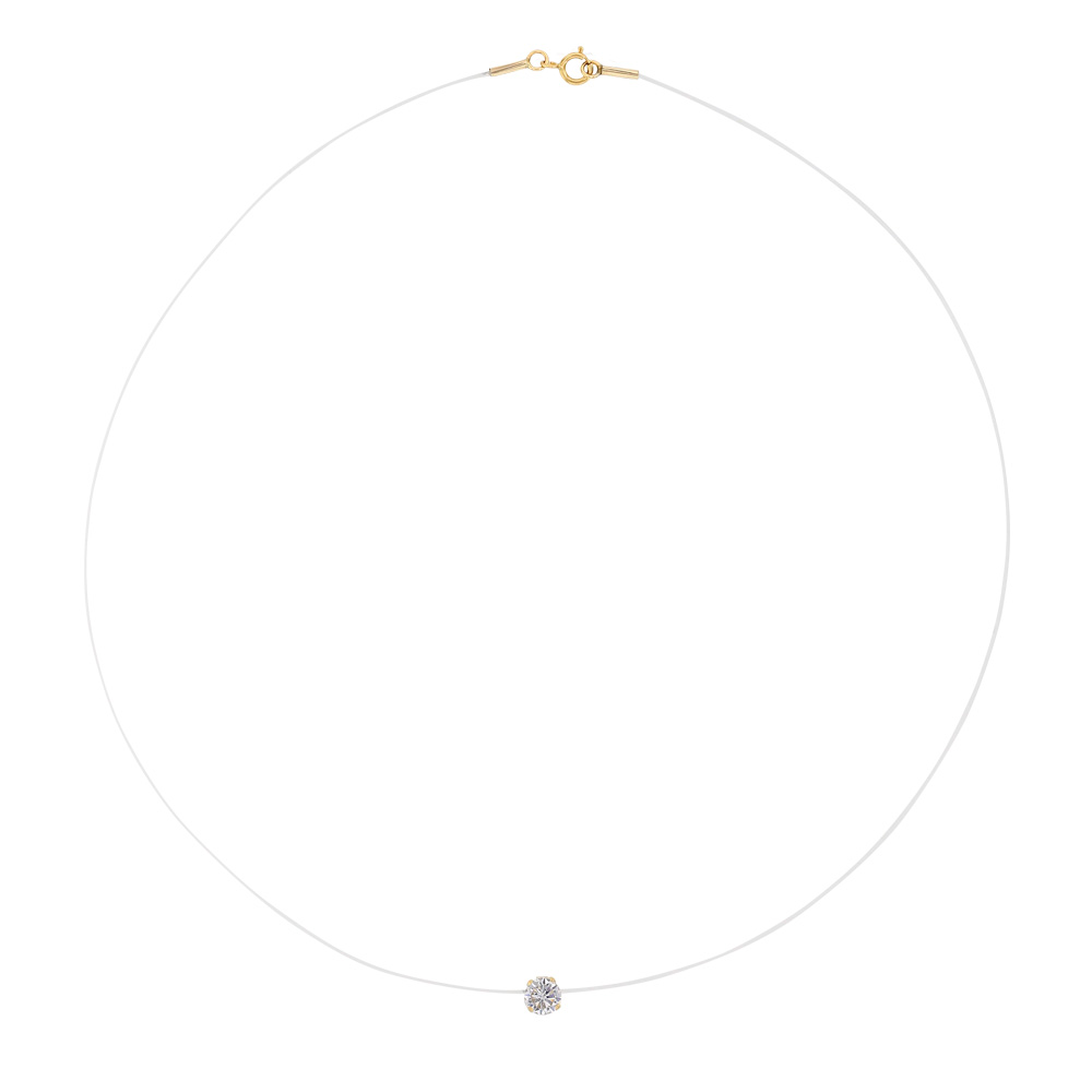 Collier Or 375/1000 fil nylon avec solitaire oxyde de zirconium 5mm (serti 6 griffes)