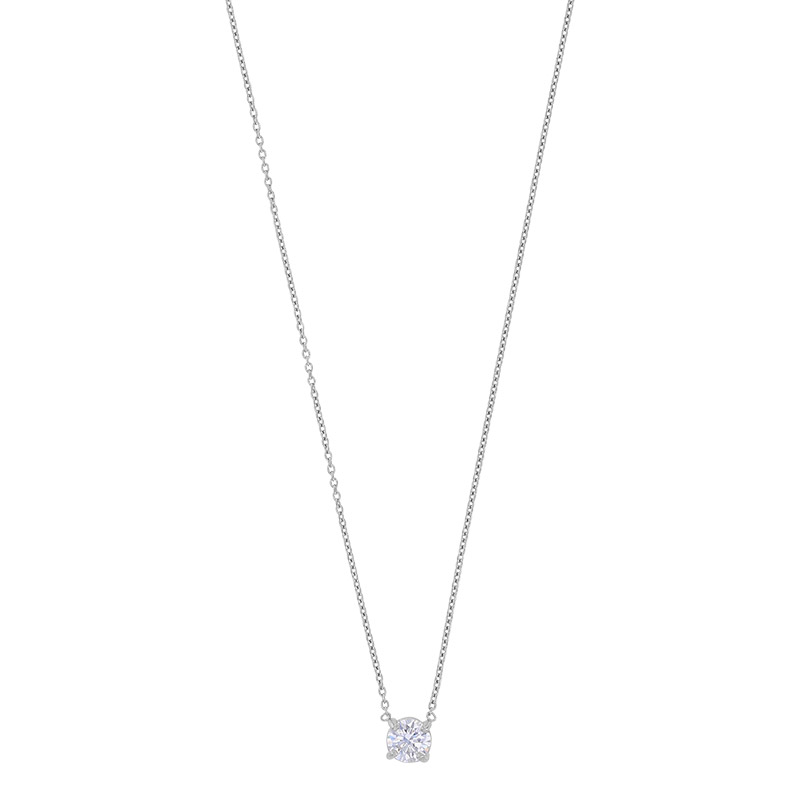 Collier orné d'un oxyde 4mm serti 4 griffes, argent 925/1000 platiné