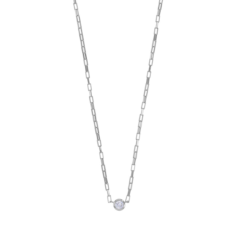 Collier orné d'un oxyde serti clos, mailles rectangles, argent 925/1000 rhodié