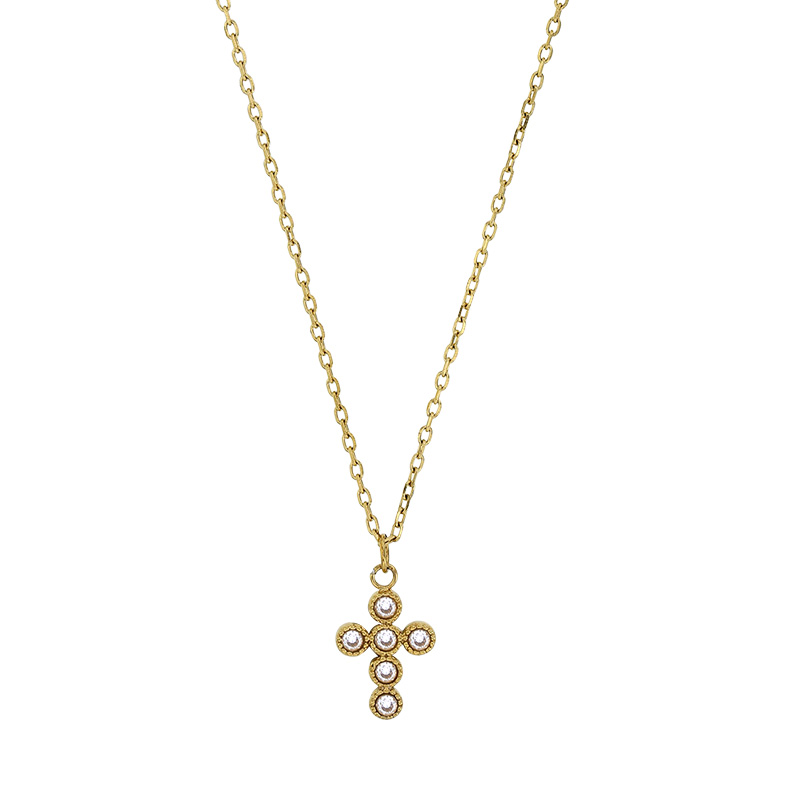 Collier orné d'un pendentif croix 14 x 4 mm pavé d'oxydes en acier doré