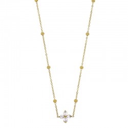 Collier orné d'un pendentif fleur avec oxydes et boules en acier doré
