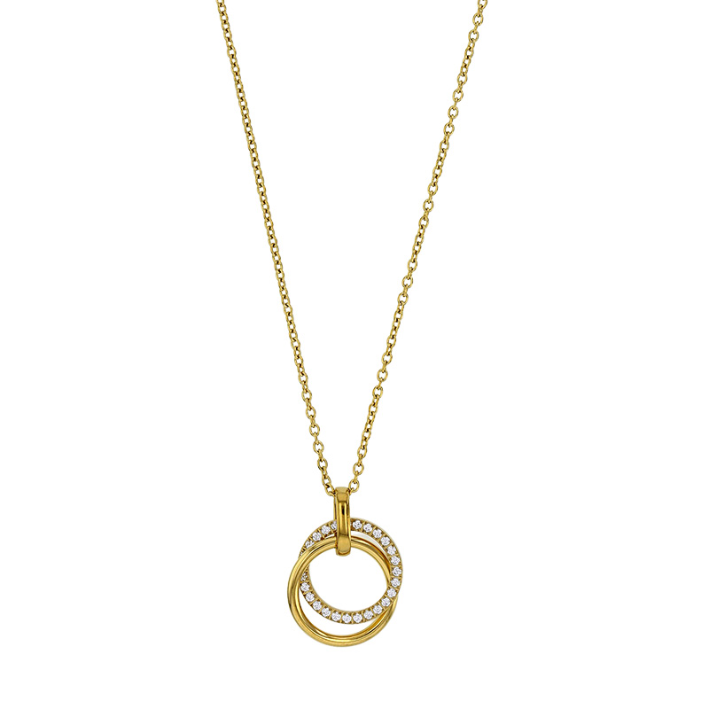 Collier orné de 2 cercles entrelacés dont pavé d'oxydes, acier doré