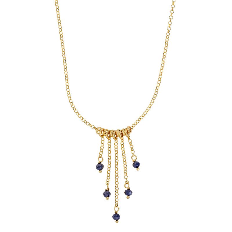 Collier orné de chaînettes avec perles de verre bleu nuit, argent 925/1000 doré