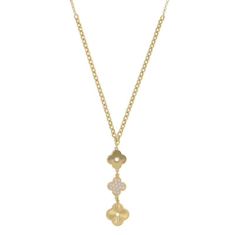 Collier orné de 3 fleurs dont 1 lisse, 1 ciselée et 1 avec oxydes, argent 925/1000 doré