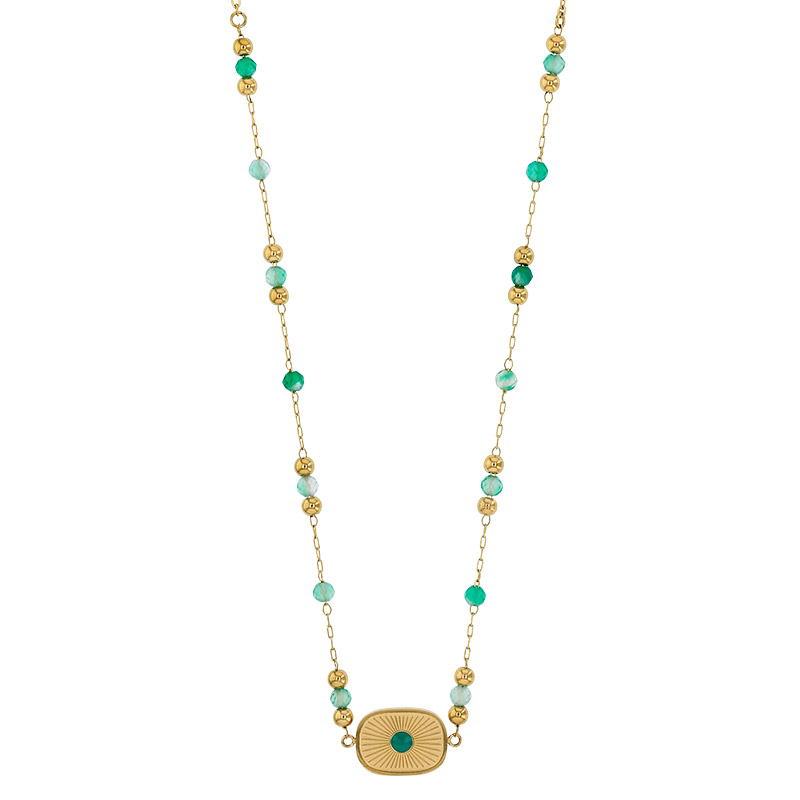 Collier orné de fluorites et résine vertes, acier doré