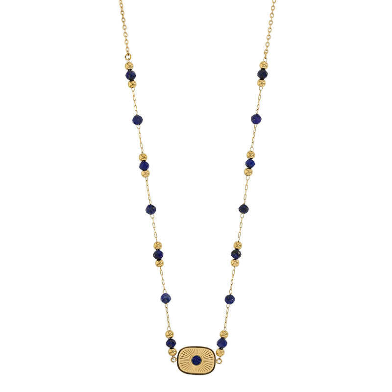 Collier orné de fluorites et résine vertes, acier doré