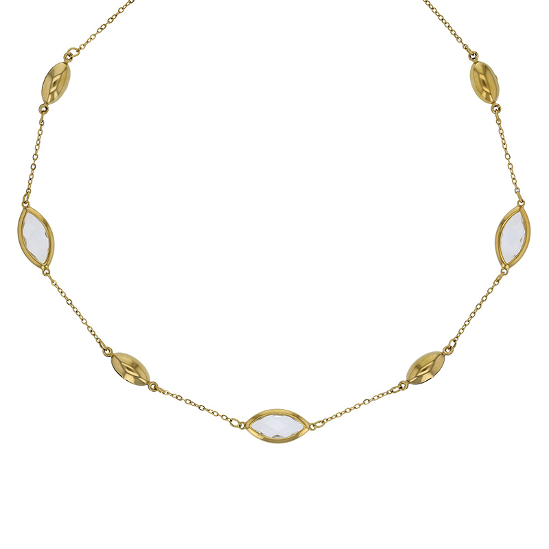Collier orné de forme marquise en verre facetté blanc, acier doré