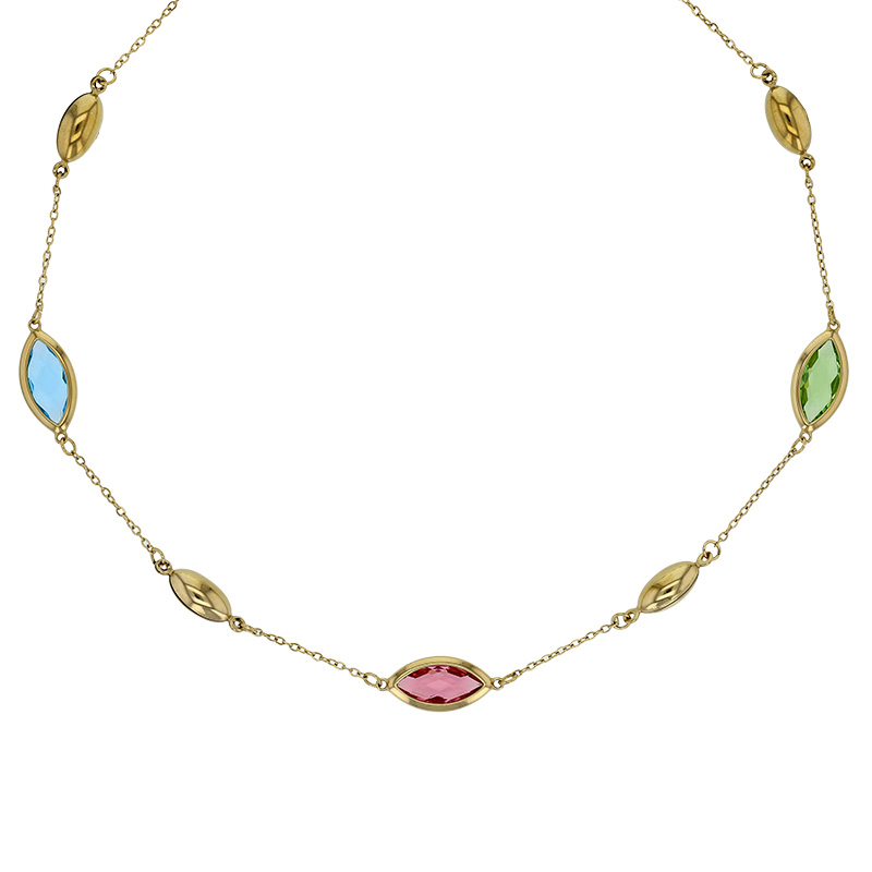 Collier orné de forme marquise en verre facetté blanc, acier doré