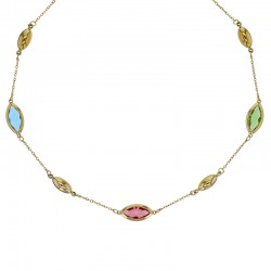 Collier orné de forme marquise en verre facetté blanc, acier doré