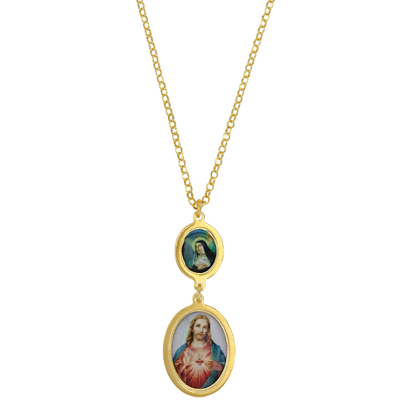 Collier orné de 2 ovales en émail avec Jesus et la Vierge en argent 925/1000 doré