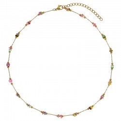 Collier orné de perles de coquillages multicolores et boule en acier doré