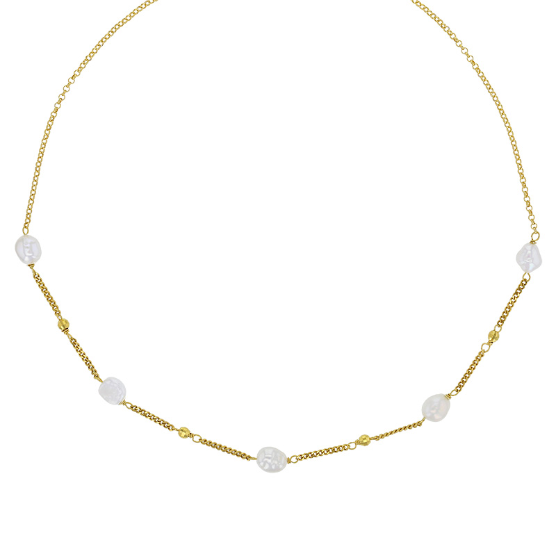 Collier orné de 5 perles de culture d'eau douce maille jaseron et gourmette en argent 925/1000 doré