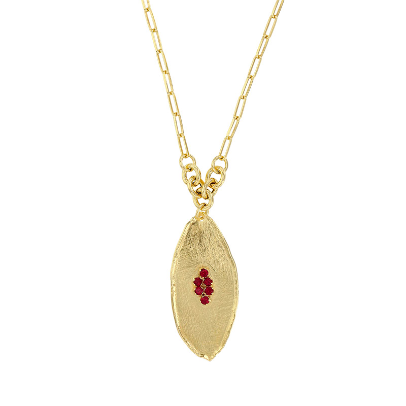 Collier ovale argent 925/1000 doré brossé, 6 oxydes couleur rouge