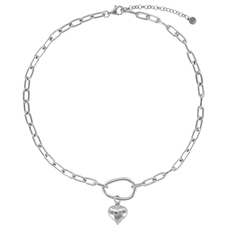Collier ovale, coeur en pampille argent 925/1000 rhodié