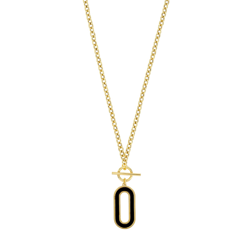 Collier ovale émail noir et cercle barre, argent 925/1000 doré