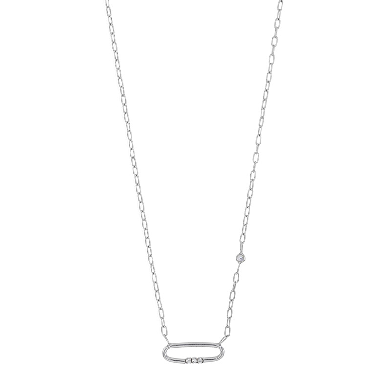 Collier ovale orné de 3 oxydes, argent 925/1000 platiné