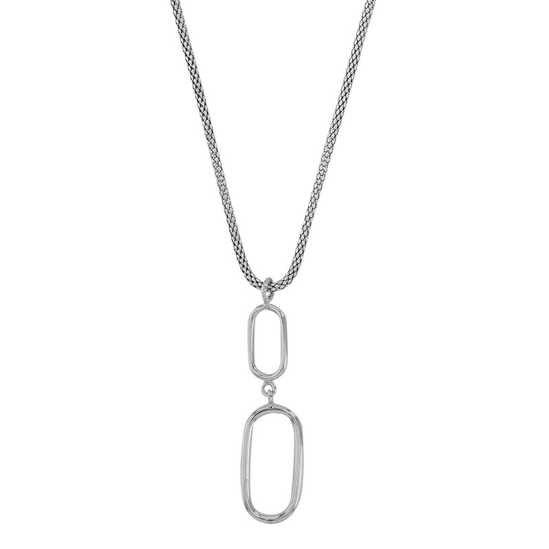Collier 2 ovales, chaîne maille fantaisie tissu argent 925/1000 rhodié