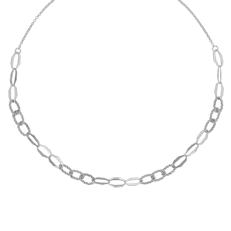 Collier ovales ciselés et ovales brillants maille jaseron, argent 925/1000 rhodié