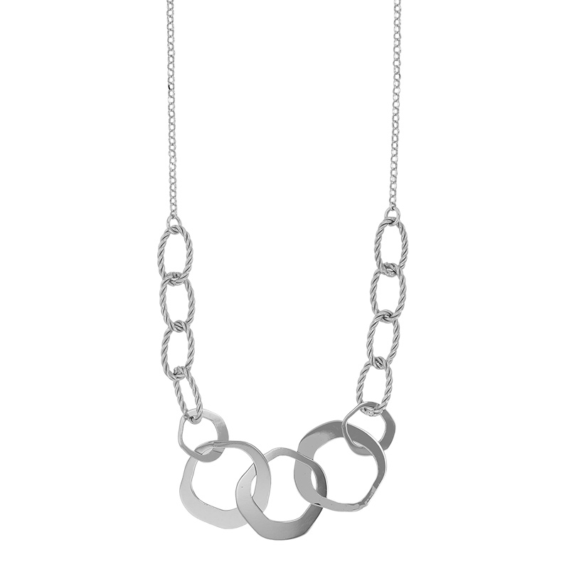 Collier ovales ciselés et ronds brillants maille jaseron, argent 925/1000 rhodié