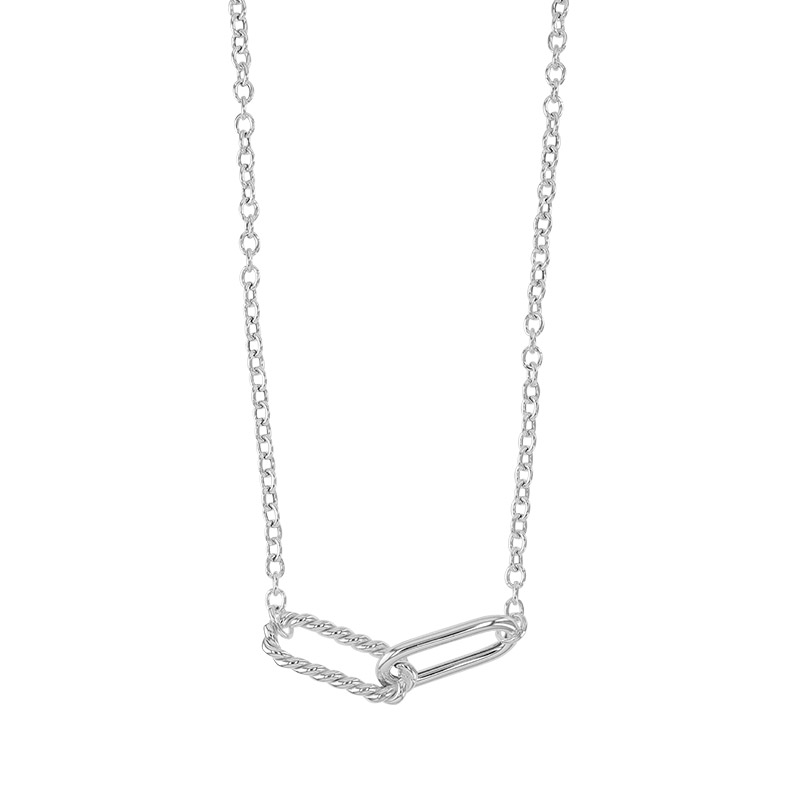 Collier 2 ovales entrelacés, lisse et torsadé, argent 925/1000