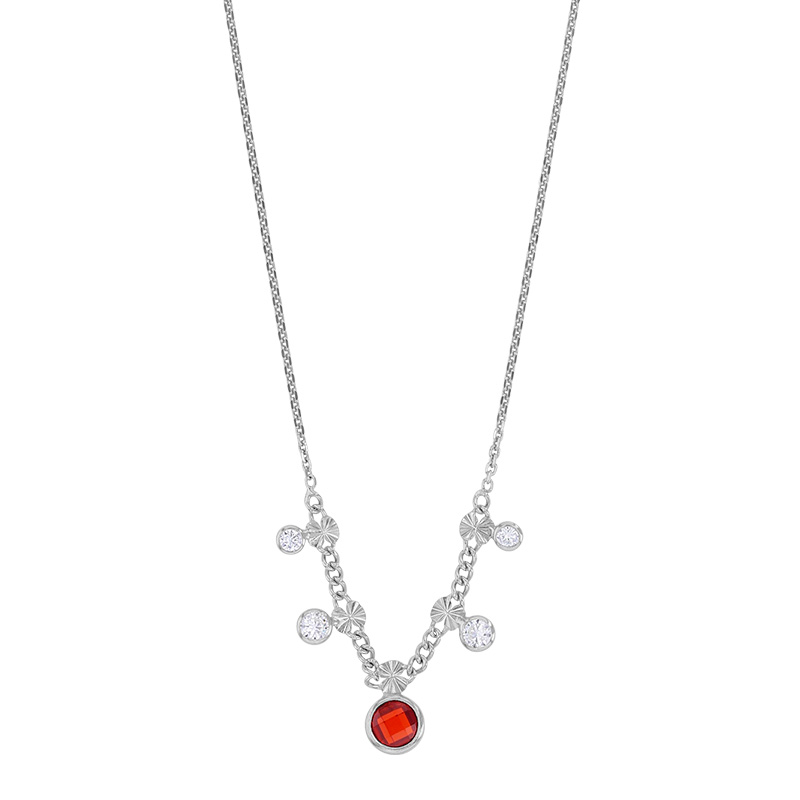 Collier oxyde facetté rouge rubis, oxydes blancs sertis clos, argent 925/1000 platiné