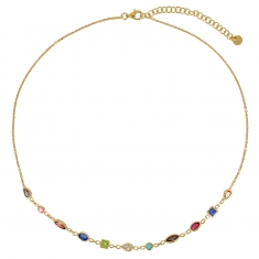 Collier oxydes de couleurs formes rondes, rectangulaires, gouttes et losanges, argent 925/1000 doré