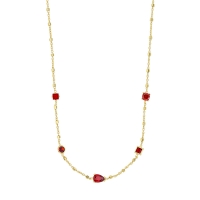 Collier oxydes rouge rubis tailles carrées, rondes et taille poire, argent 925/1000 doré