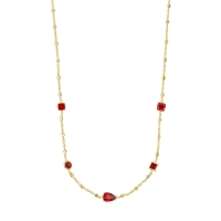 Collier oxydes rouge rubis tailles carrées, rondes et taille poire, argent 925/1000 doré