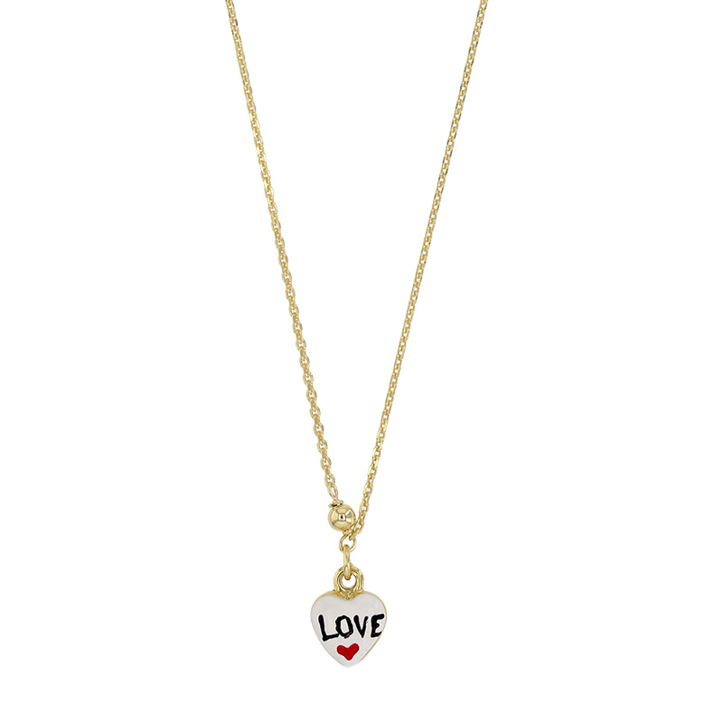Collier pampille coeur email blanc, noir et rouge love  avec une boule, argent 925/1000 doré