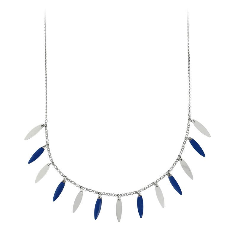 Collier pampilles argent 925/1000 rhodié avec émail bleu marine