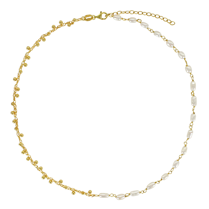 Collier pampilles boules et perles de culture d'eau douce, argent 925/1000 doré