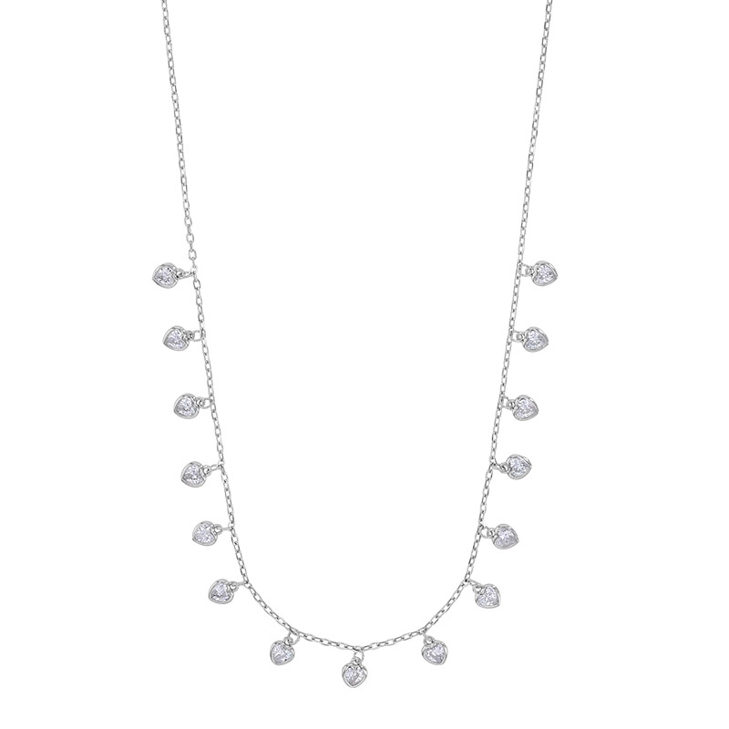 Collier pampilles coeurs oxydes sertis clos, argent 925/1000 rhodié