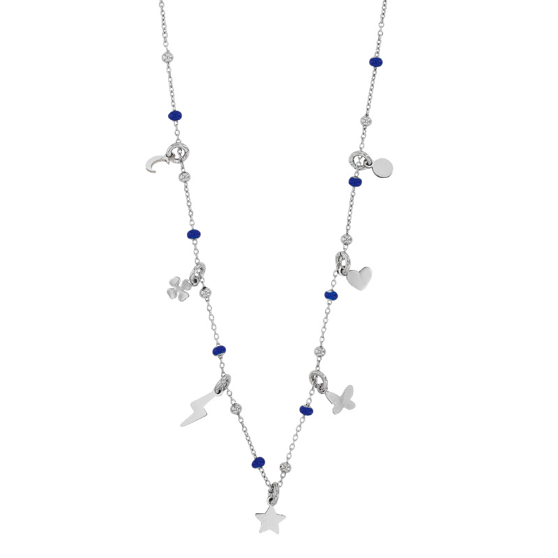 Collier pampilles et boules bleus en émail, argent 925/1000 platiné