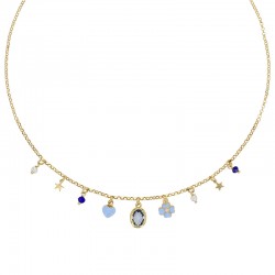 Collier pampilles étoile, fleur et coeur en émail bleu clair et cristaux en argent 925/1000 doré