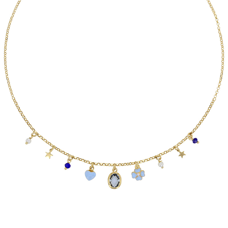 Collier pampilles étoile, fleur et coeur en émail bleu clair et cristaux en argent 925/1000 doré