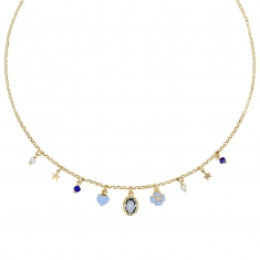 Collier pampilles étoile, fleur et c¶ur en émail bleu clair et cristaux en argent 925/1000 doré